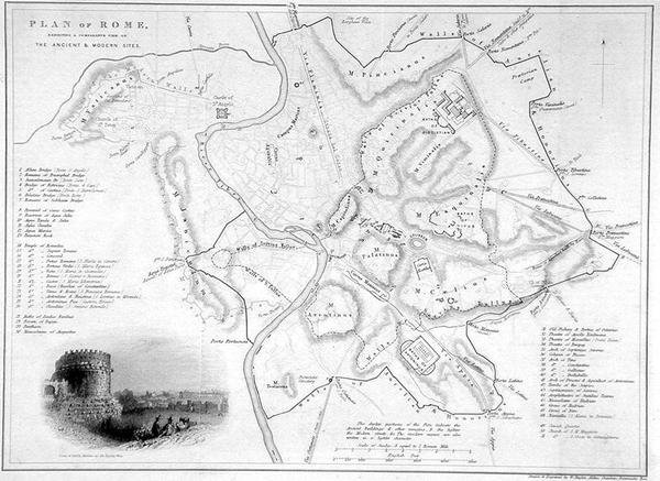 Rom, Italien: Jämförande karta över antika och moderna platser, ca 1850 (gravyr) av W Hughes