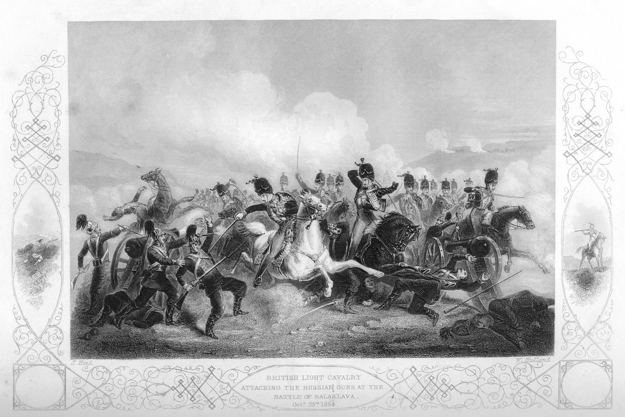 Lätt kavalleri attackerar de ryska kanonerna vid Balaclava under Krimkriget, 1854 1857. av W. Hulland