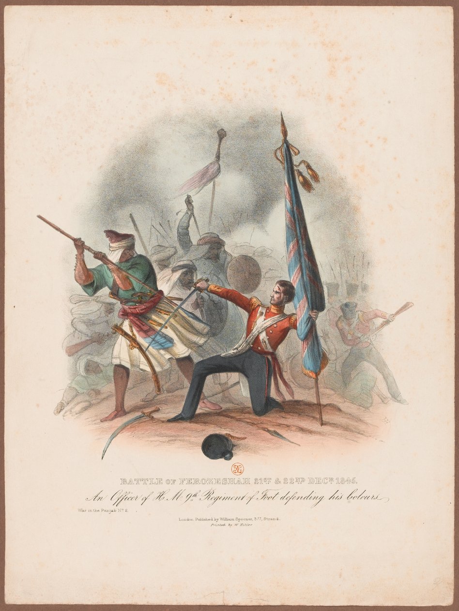 ?Slaget vid Ferozeshah 21:a och 22:a dec 1845. En officer vid HM 9:e regementet som försvarar sina färger? av W. Kohler