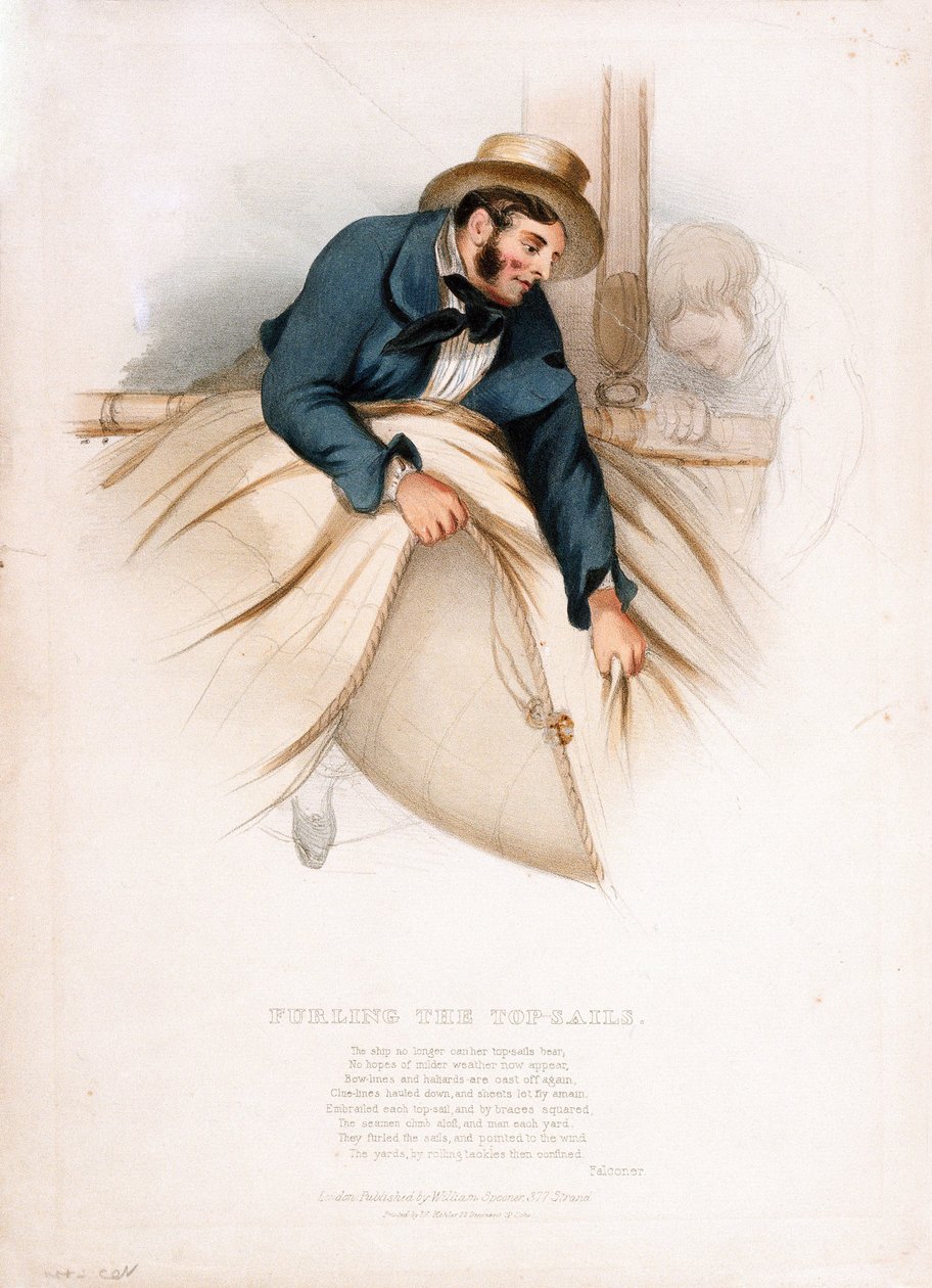 Stäng de övre seglen. Färglitografi från 1800-talet av W.Kohler (). av W. Kohler