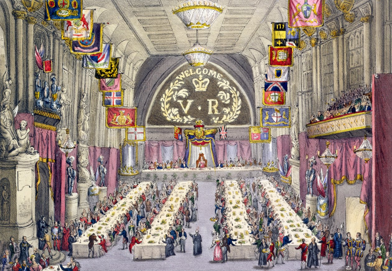 The Common Crier proklamerar en skål för hälsan till drottning Victoria vid en bankett som hölls i Guildhall, 1837 av W. Lake