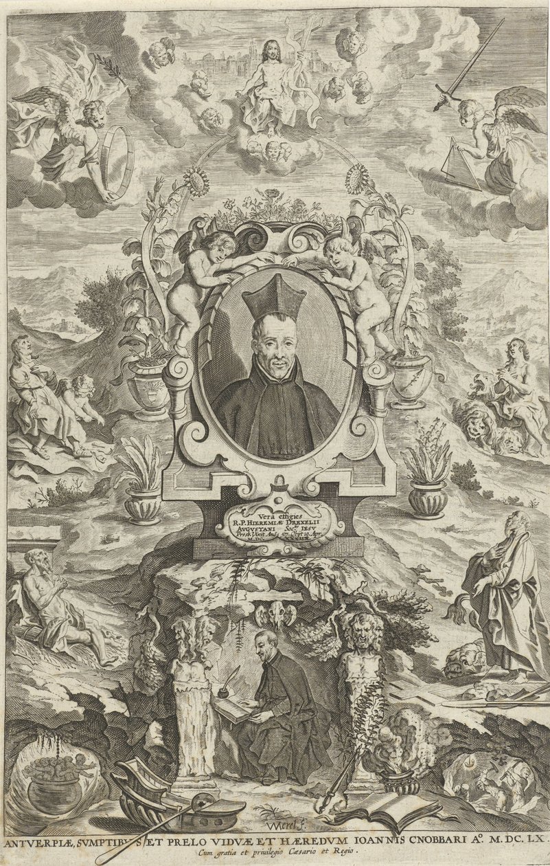 Porträtt av Jeremias Drexel Titelsida för: JE. Drexel, De sonne-bloeme oft Vande over-een-cominge van den menscheliicken wille met de[n] godtliicke[n], 1660 av W Merel van