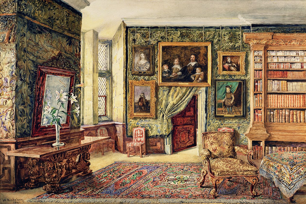 Biblioteket i Hardwick Hall, Derbyshire, 1891 (wc) av W. Nicholson