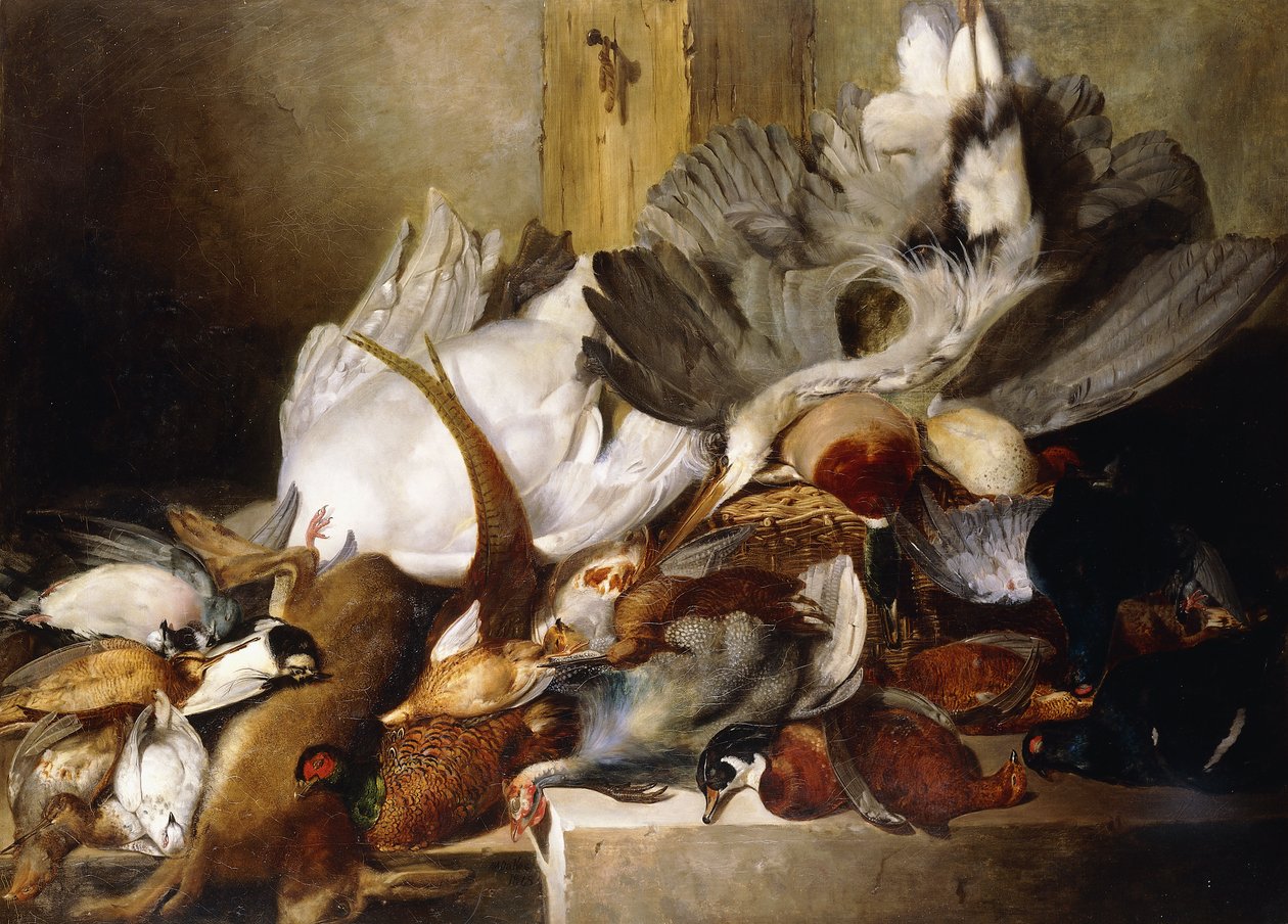 Ett stilleben av döda fåglar; En häger som hänger från en vägg, anka, fasan, rapphöna, skogssnäppa, en svan och en duva med en hare, 1845 av W. Oakes
