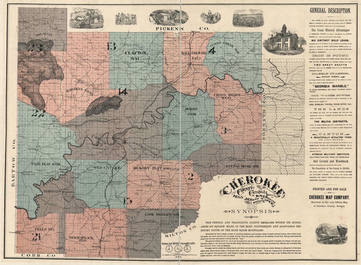 På engelska:  Visar tomt- och kvartersnummer samt namn på boende. Godkänd som den enda officiella kartan över Cherokee County. Två ark sammanfogade till 1, monterade på tyg. LC Land ownership maps, 87 Innehåller text och ill. Finns även tillgänglig via Lib av W. P. Bullock