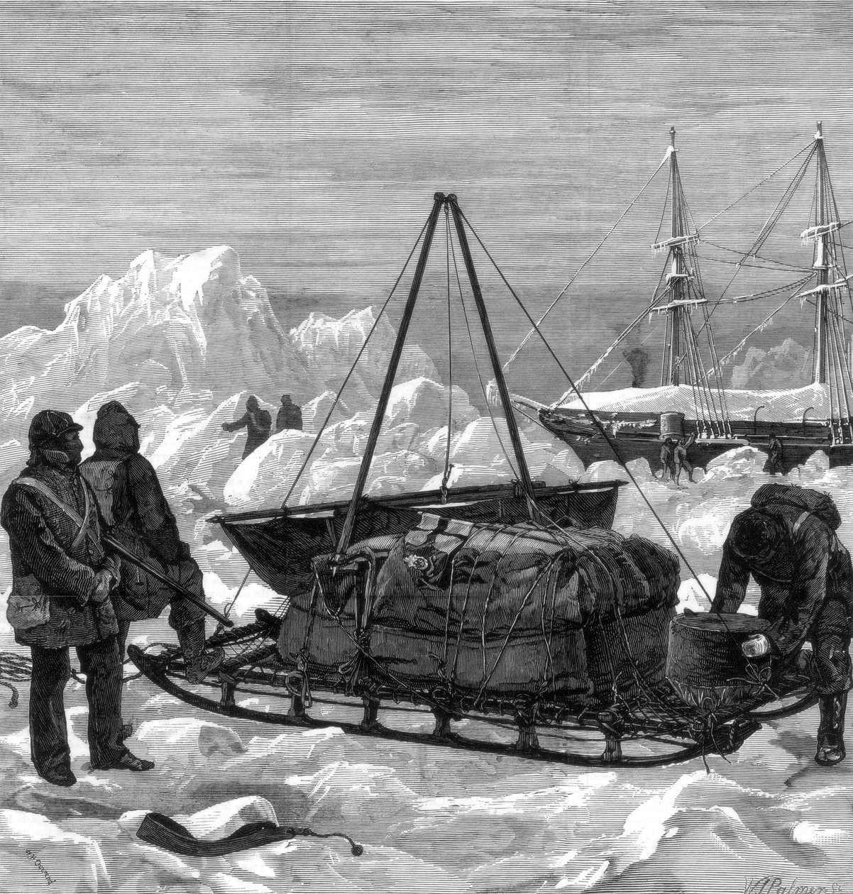 Förbereder sig för att börja på en pulkatur i Arktis, 1875. av W. Palmer