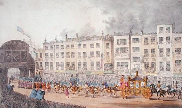 Utsikt över Temple Bar under drottning Victorias besök i London 1837 av W. R. Browne