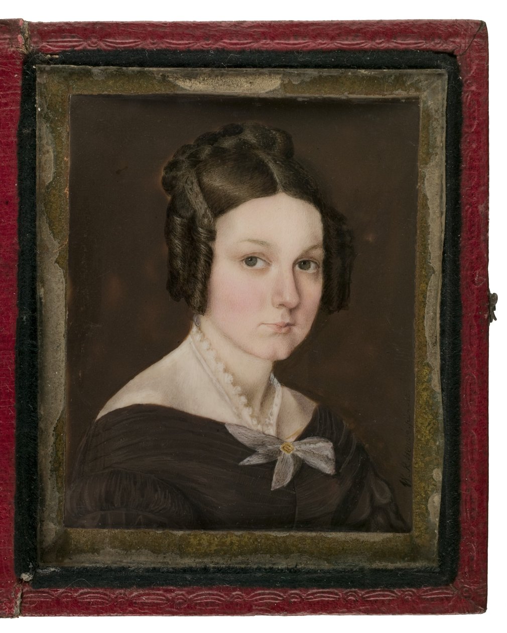 Miniatyrporträtt av Sally Ann Gage, ca 1837 (wc på elfenben, läder, kopparlegering och glas) av W. R. Herve