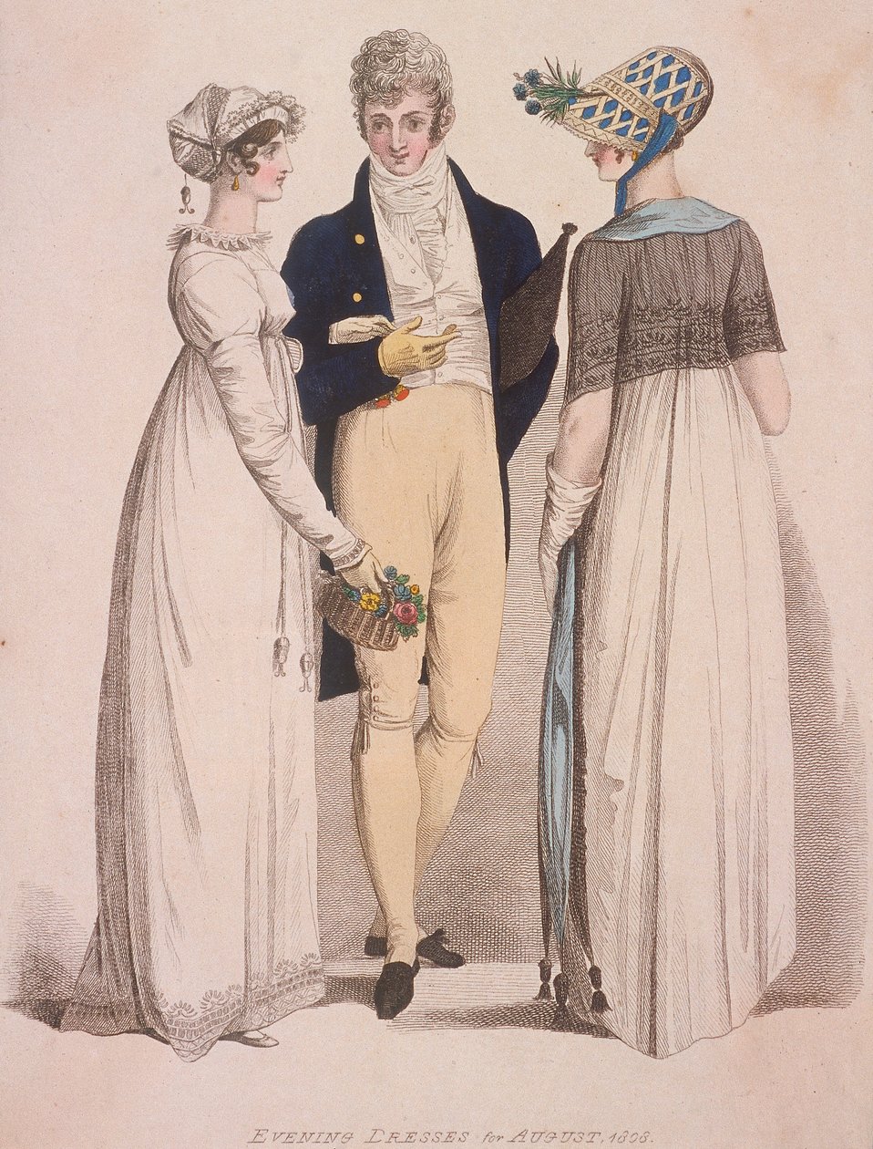 Två kvinnor och en man i aftonklänning, 1808 av W Read