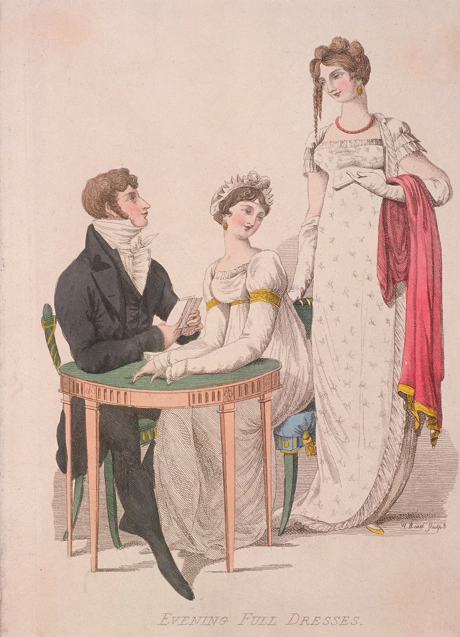 Två kvinnor och en man iklädd helfrack, c1810 av W Read