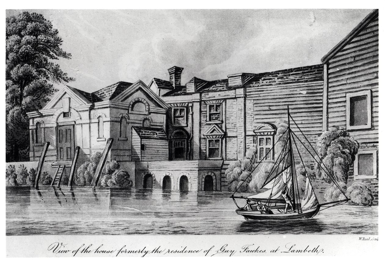 Utsikt över huset, tidigare Guy Fawkes residens i Lambeth, ca 1850 (akvatint) av W. Read