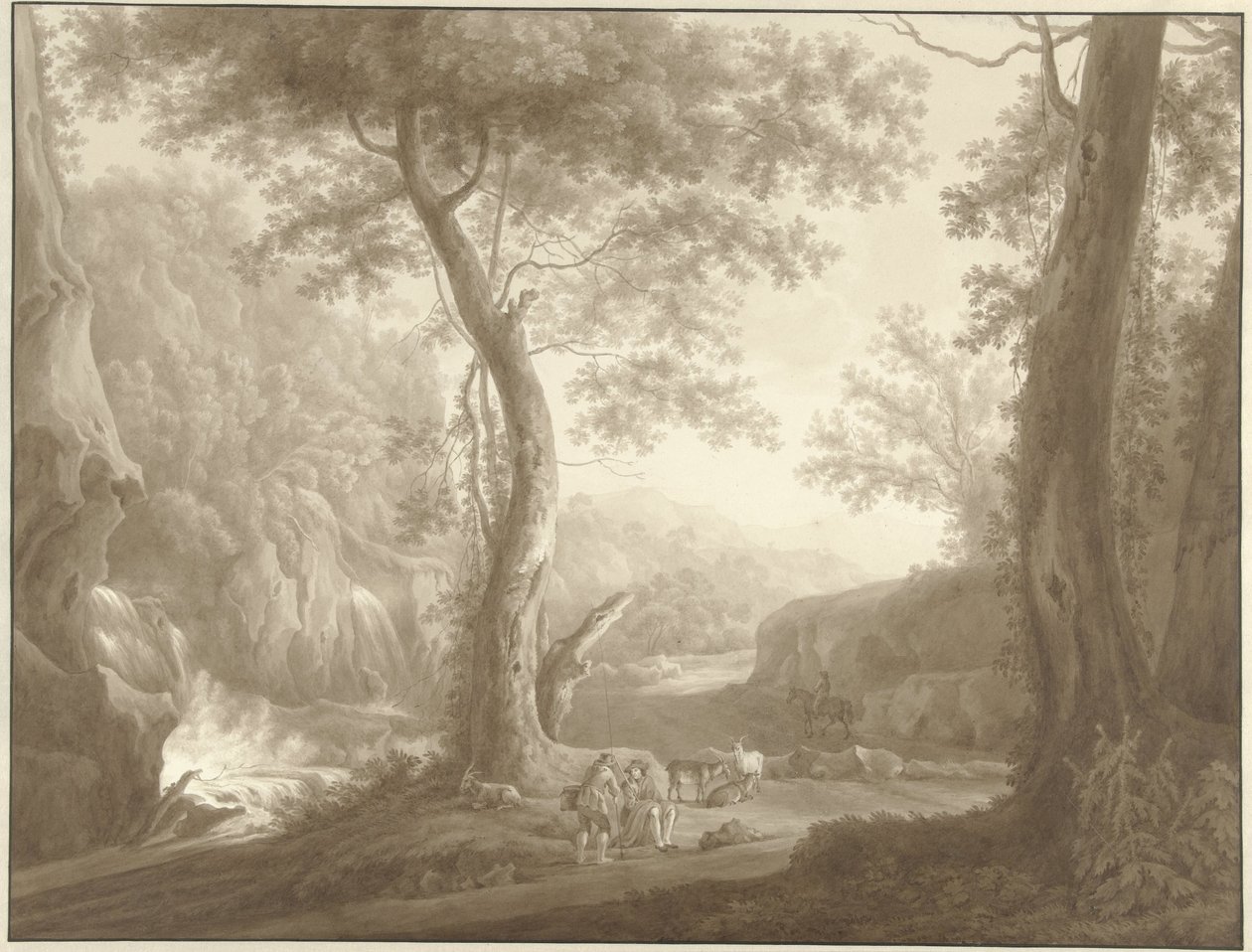 Bergslandskap med getherde och resenär av W. Regnu (possibly)