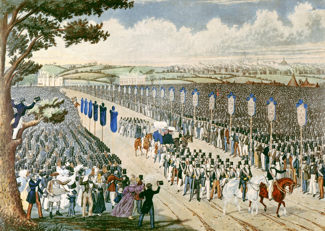 Möte för fackföreningsmedlemmar i Copenhagen Fields, 1834 (färgstick) av W. Summers