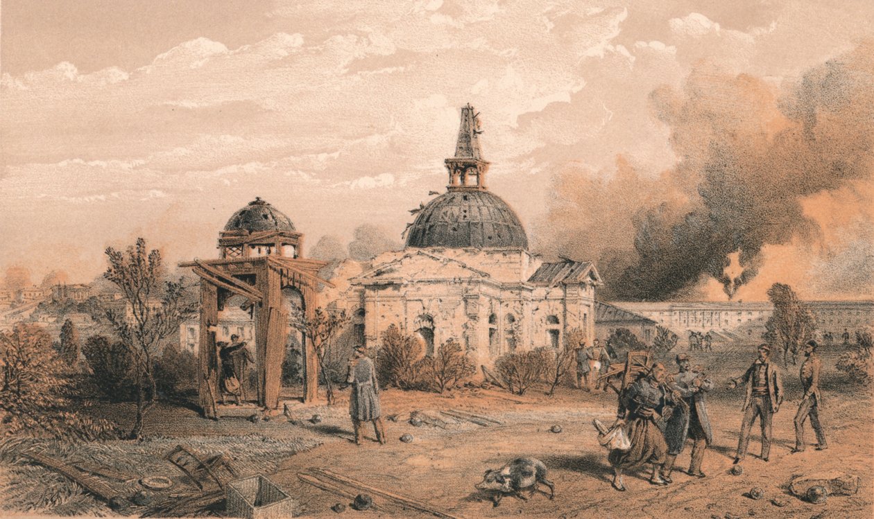 "Kyrkan i den bakre delen av Redan, tittar norrut - visar effekterna av skott och skal", 1856 av W Trask
