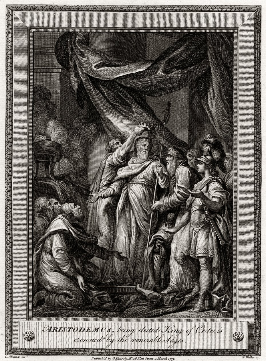 Aristodemus, som väljs till kung av Kreta, kröns av de ärevördiga visena, 1777 av W. Walker