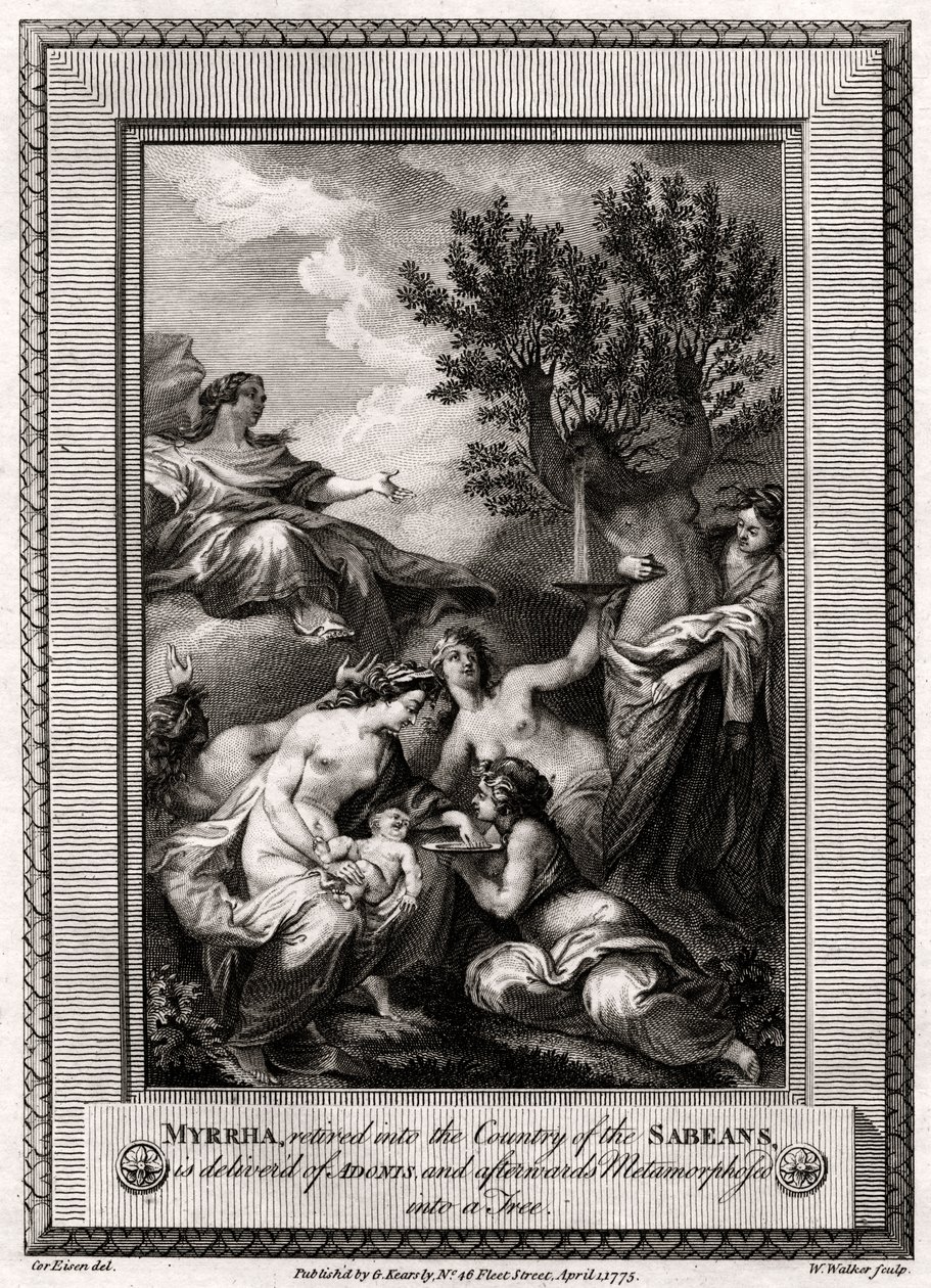 Myrrha, pensionerad till Sabeans land, levereras av Adonis..., 1775 av W. Walker
