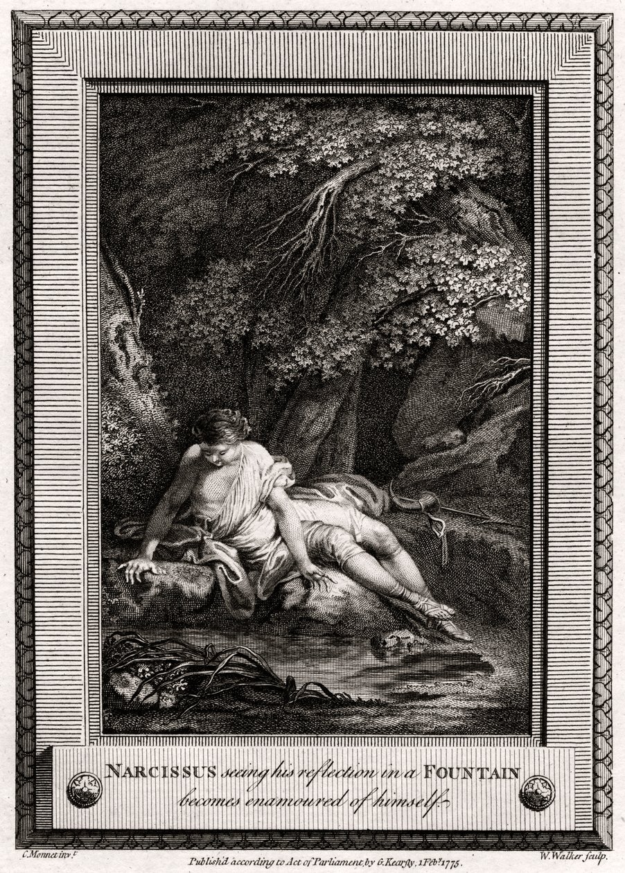 Narcissus som ser sin reflektion i en fontän blir förälskad i sig själv, 1775 av W. Walker