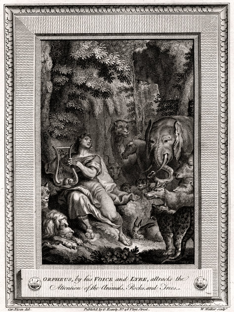 Orpheus, genom sin röst och lyra, lockar uppmärksamheten från djuren, klipporna och träden, 1774. av W. Walker