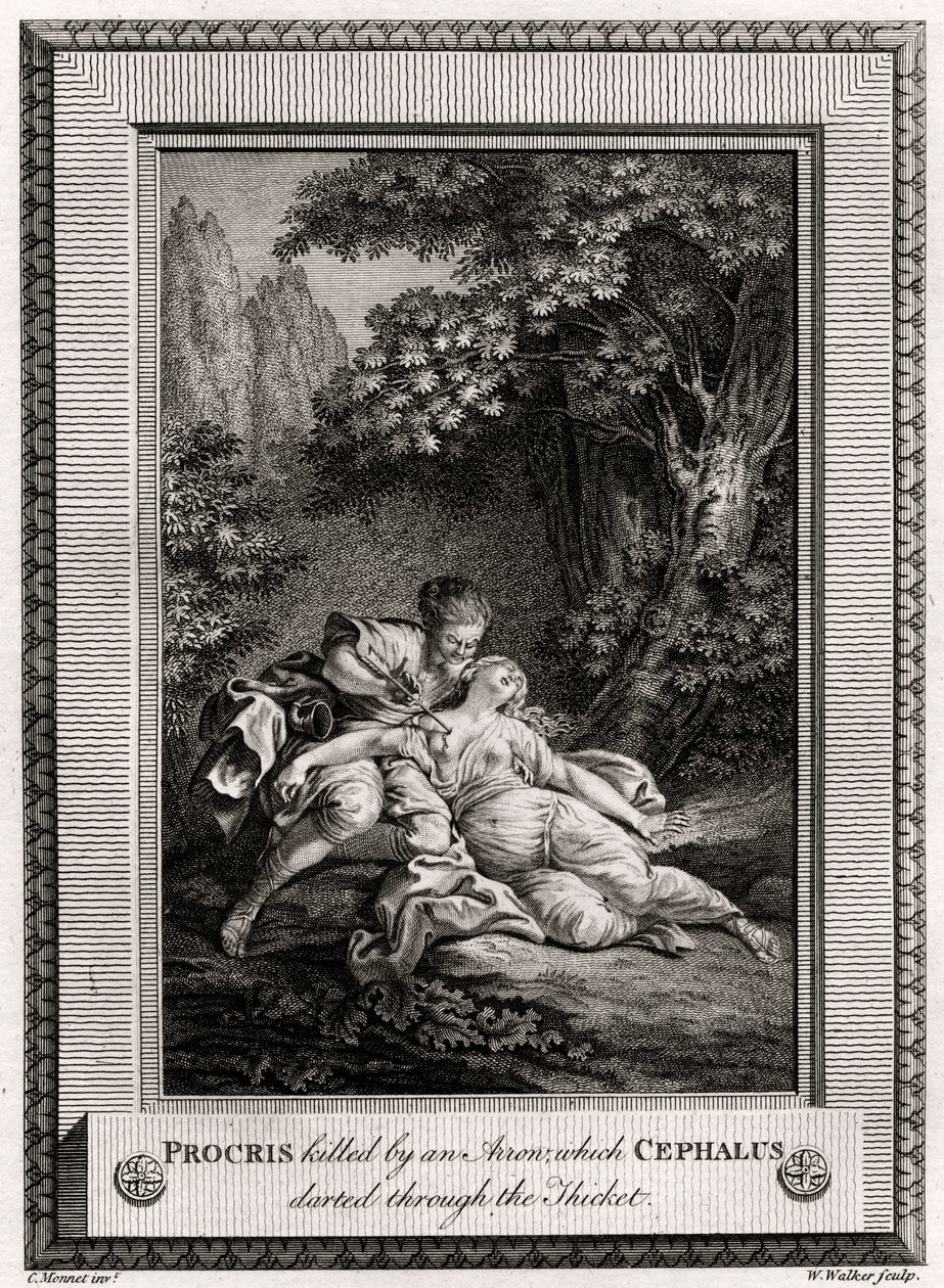 Procris dödades av en pil som Cephalus sprang genom snåret, 1775 av W. Walker