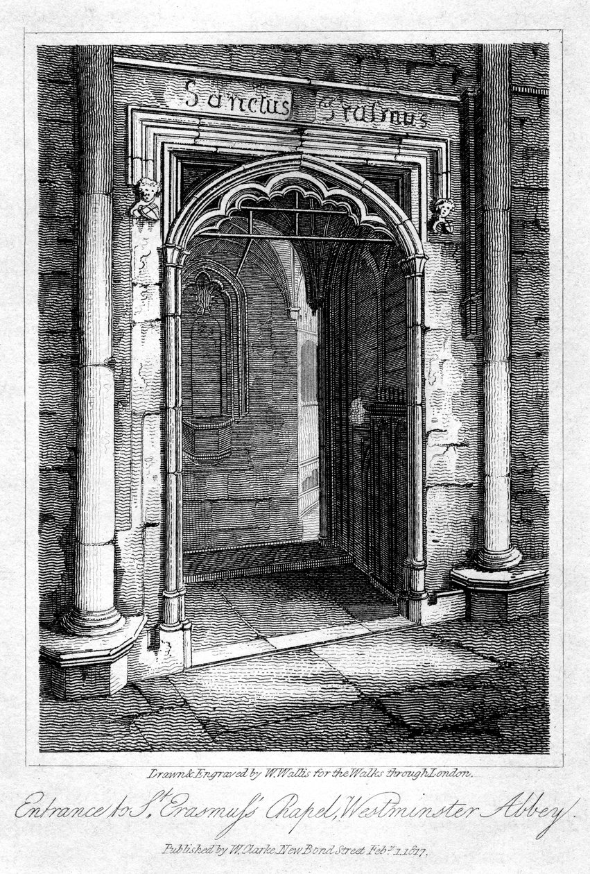 Ingången till St Erasmus Chapel, Westminster Abbey, London, 1817. av W. Wallis