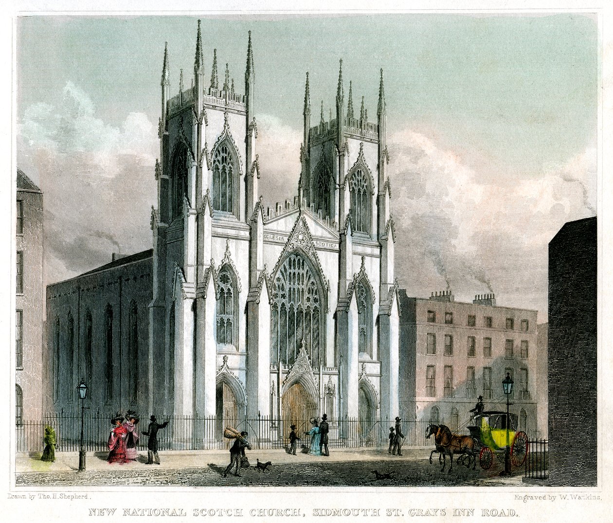 New National Scotch Church, Sidmouth Street och Grays Inn Road, London, 1829. av W Watkins