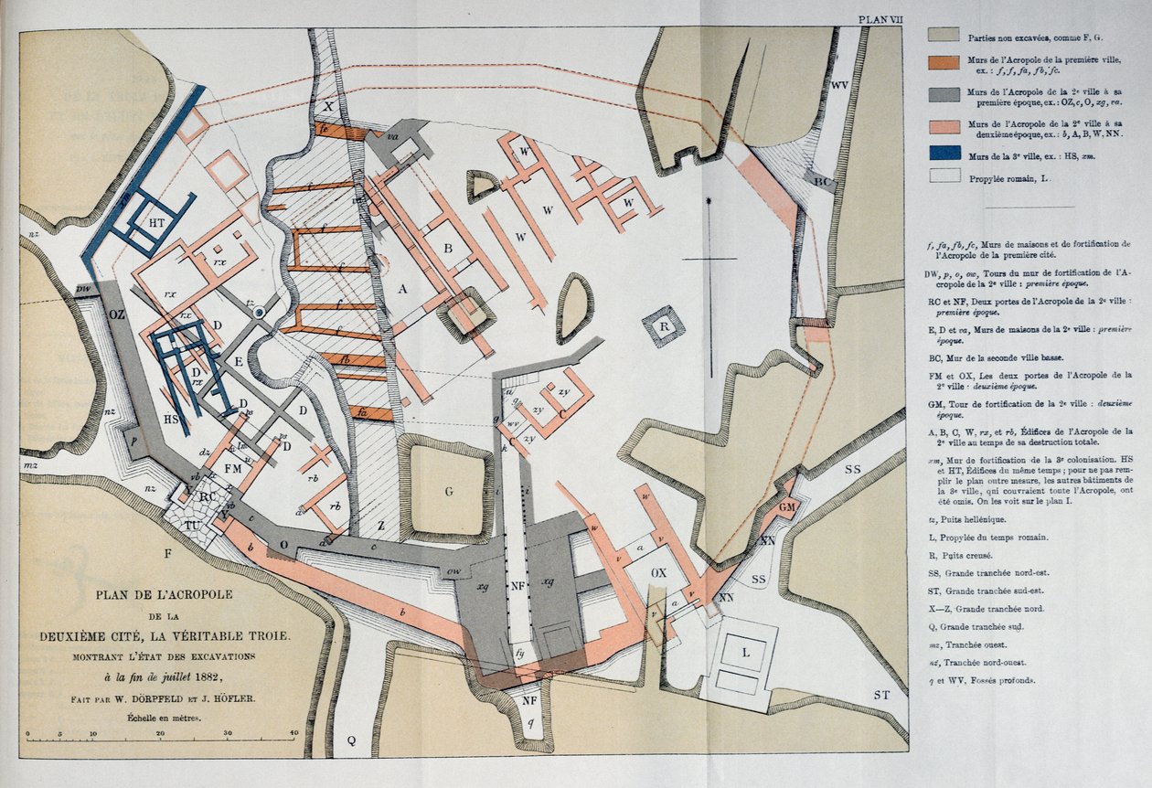 Karta över Akropolis i den andra staden i Troja, 1884 av W and Hoefler, J. Doerpfeld