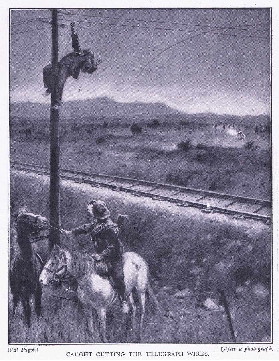 Fångad med att klippa av ledningarna, illustration från After Pretoria: The Guerilla War, 1902 av Wal Paget