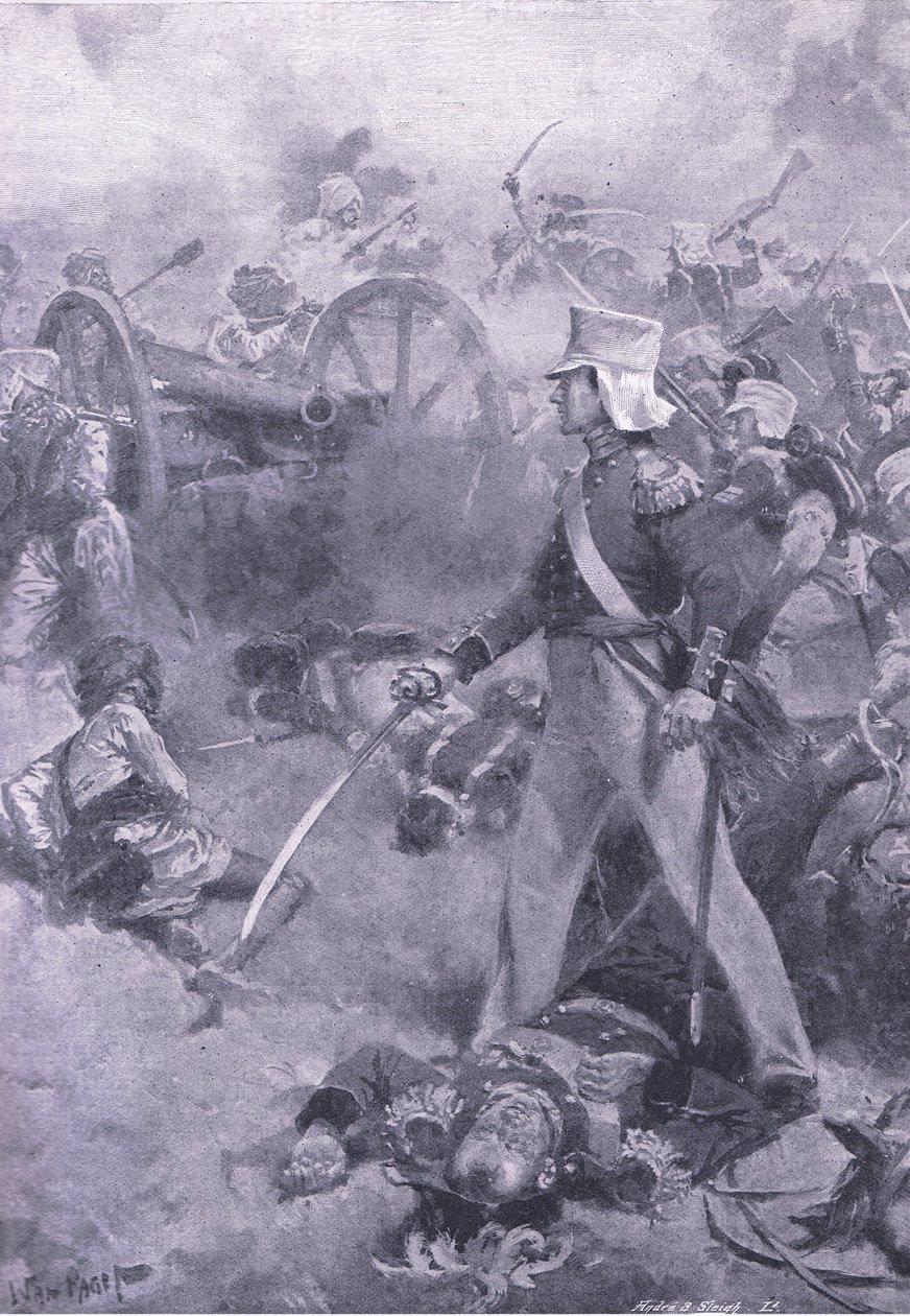 Chilianwala, 13 januari 1849: Pennycuicks kropp bevakad av hans son, illustration från British Battles on Land and Sea, 1915 av Wal Paget
