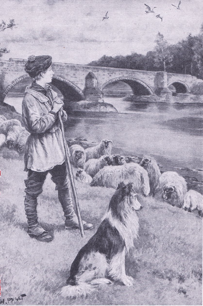 Synen av den gamla romerska bron vid Musselburgh väcker fantasin hos herdepojken John Rennie, från My Magazine, pub.1922 (litho) av Wal Paget