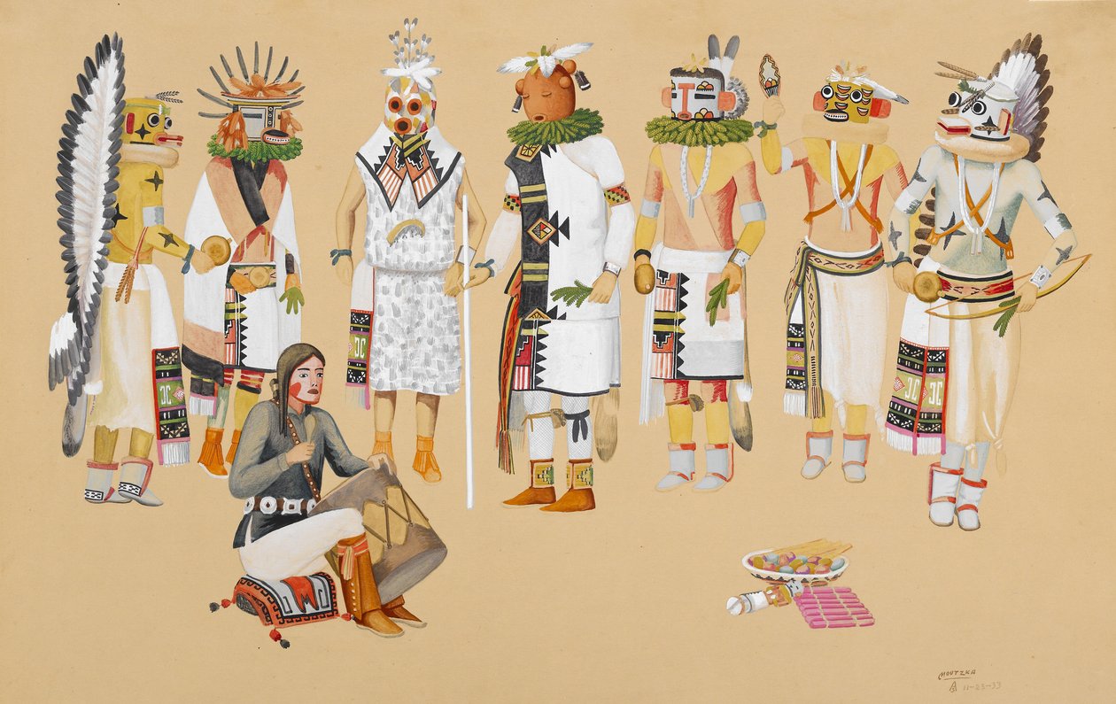 Group of Kachinas, 1933 (tempera över penna på buffvävt papper) av Waldo Mootzka