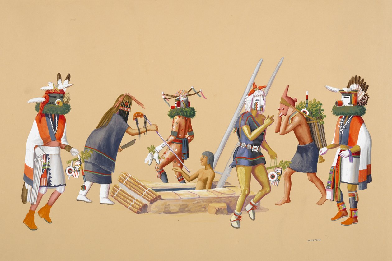 Powamu-ceremonin, 1930-40 (tempera på buffvävt papper) av Waldo Mootzka