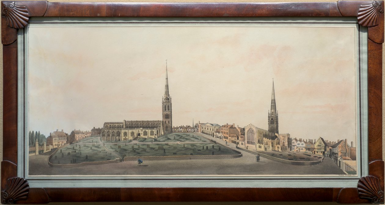 En panoramautsikt över staden Coventry (wc med penna och bläck på papper) av Walker