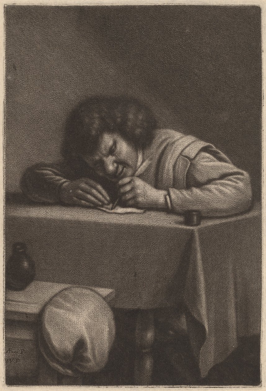 En man som skriver vid ett bord av Wallerant Vaillant after Adriaen Brouwer