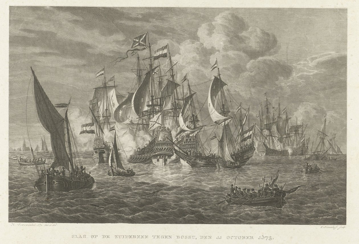 Slaget på Zuiderzee mot Bossu, 1573 Slaget på Zuiderzee mot Bossu, den 11 oktober 1573 (titel på objekt) av Walraad Nieuwhoff
