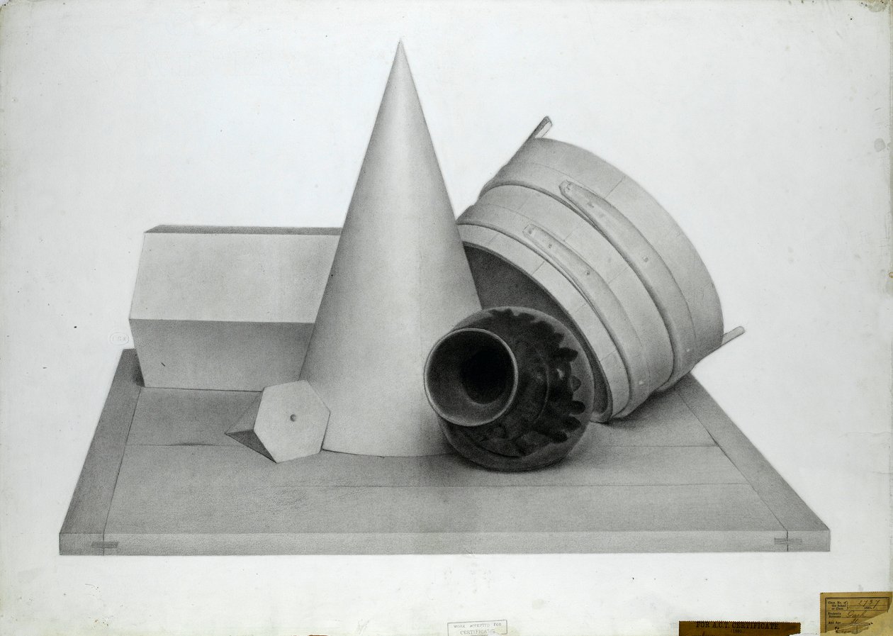 Stilleben med geometriska modeller och en vas av Walter Bonner Gash