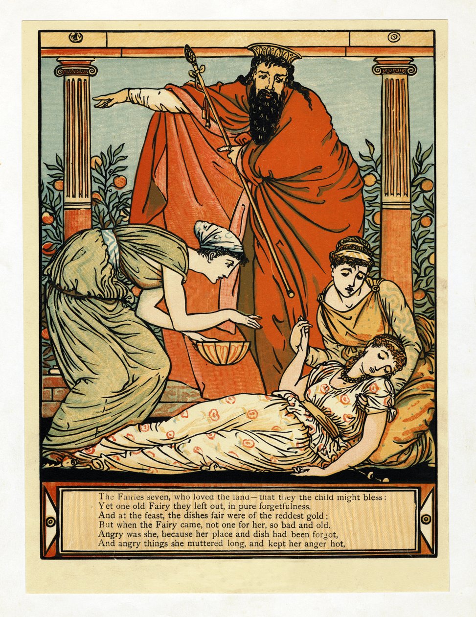 Och ner faller hon i dödssömn, , från The Blue Beard Picture Book, pub. 1879 av Walter Crane