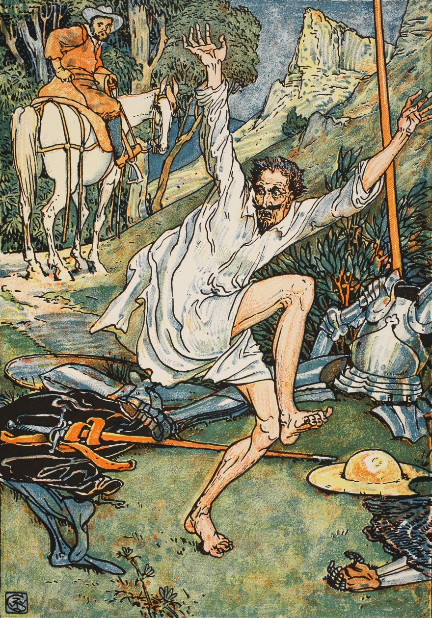 Don Quijote som gör botgöring, illustration från "Don Quijote of the Mancha" återberättad av domare Parry, pub. Blackie und Son Ltd, London, 1900 av Walter Crane