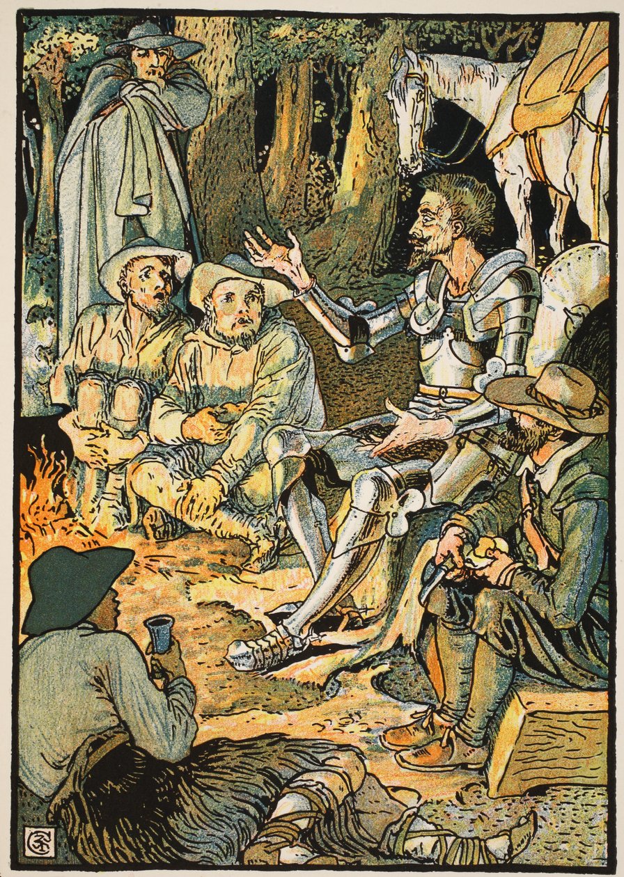 Don Quijote and the Goathers, illustration från "Don Quijote of the Mancha" återberättad av domare Parry, pub. Blackie und Son Ltd, London, 1900 av Walter Crane