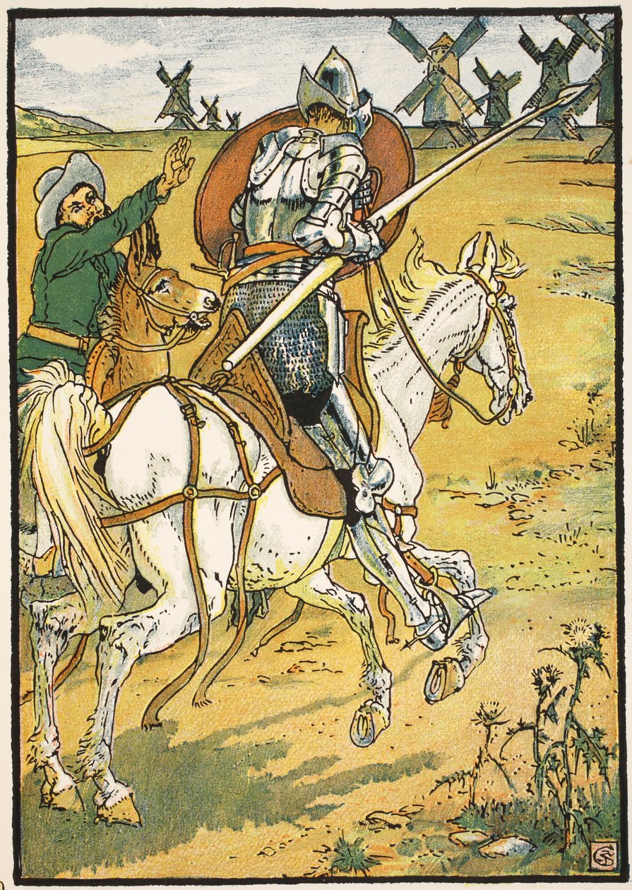 Don Quijote och väderkvarnarna, illustration från "Don Quijote of the Mancha" återberättad av domare Parry, pub. Blackie und Son Ltd, London, 1900 av Walter Crane
