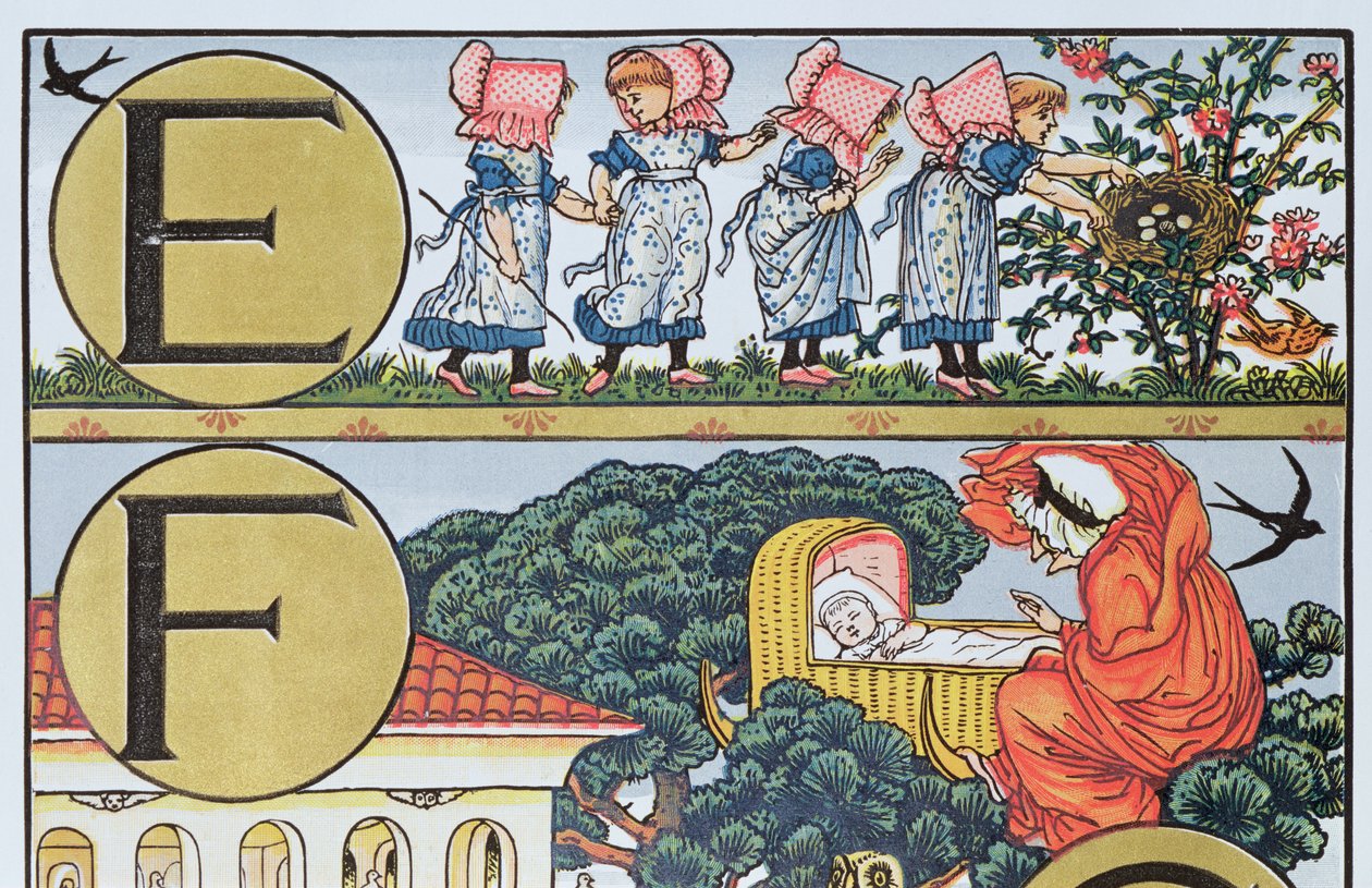 E-F, från ett alfabet baserat på Nursery Rhymes (färggravyr) av Walter Crane