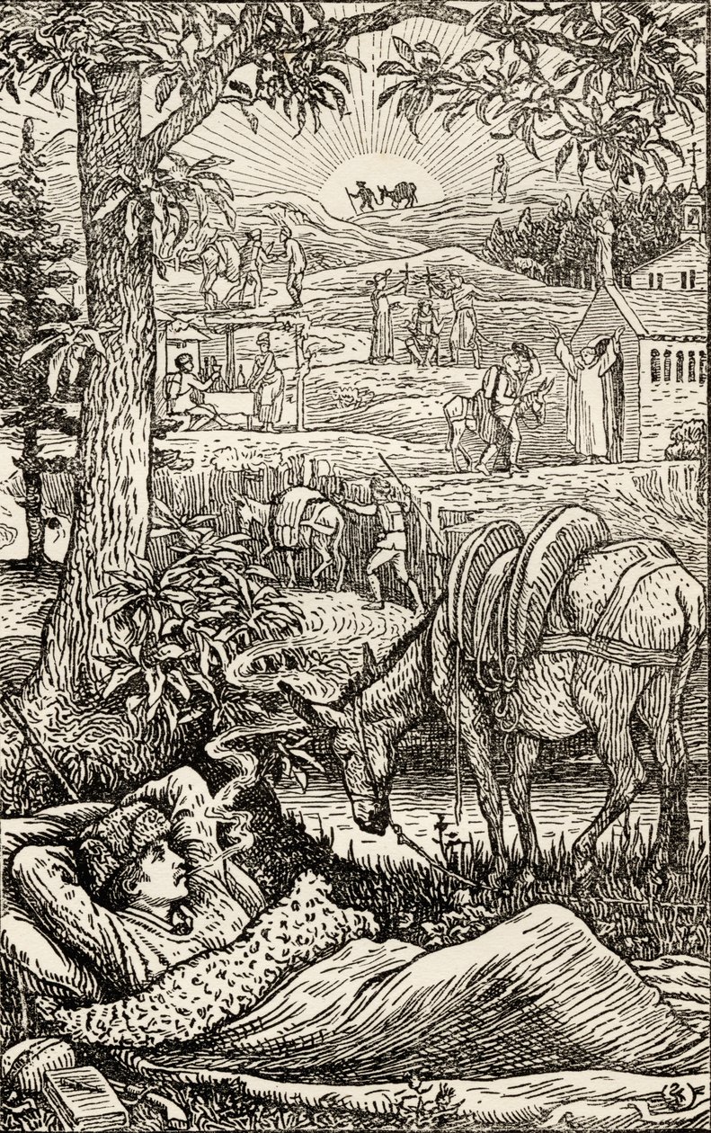 Frontispice för "Resor med en åsna i Cevennes", av Robert Louis Stevenson (1850-94) tryckt 1907 av Walter Crane