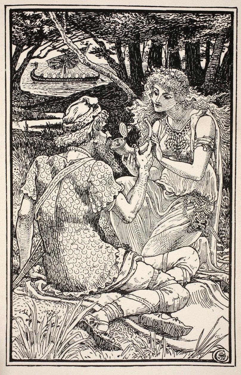 "Jag har en drink här som är värdigare en hjälte", sa Sunbright med ett leende, illustration från "Mrs Burton Harrisons Folk and Fairy Tales", 1885 av Walter Crane