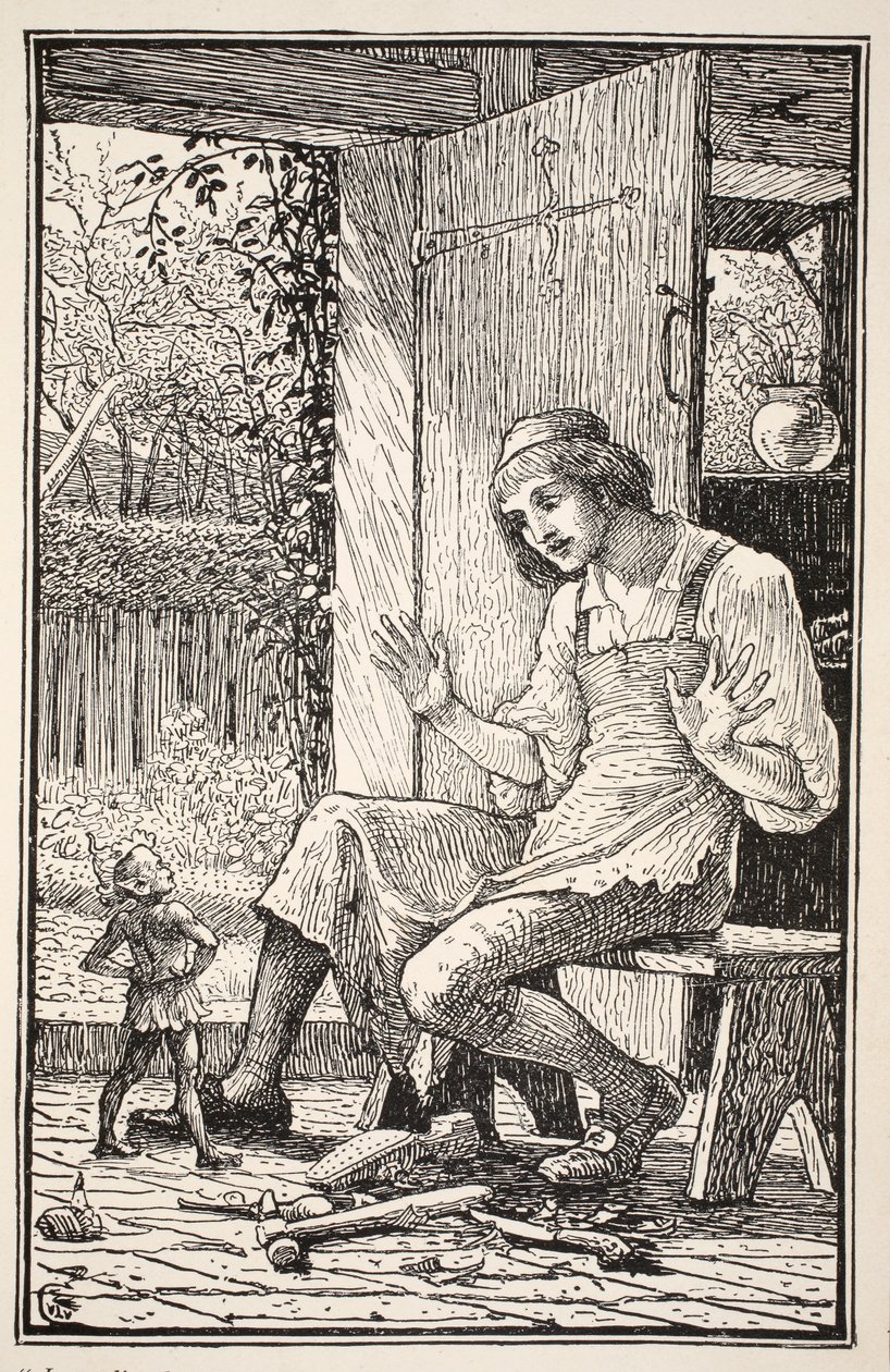 Omedelbart hoppade en liten varelse under läderlapparna vid hans fötter och placerade sina armar akimbo, skrattade ett trollskratt i den förvånade Taffys ansikte, illustration från 