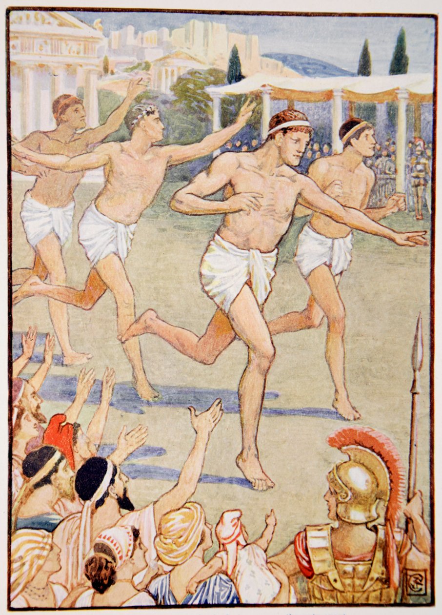 Under de tidigaste tiderna var ett enkelt fotlopp den enda händelsen, illustration från The Story of Greece av Mary Macgregor, 1:a upplagan, 1913 (färgtryck) av Walter Crane