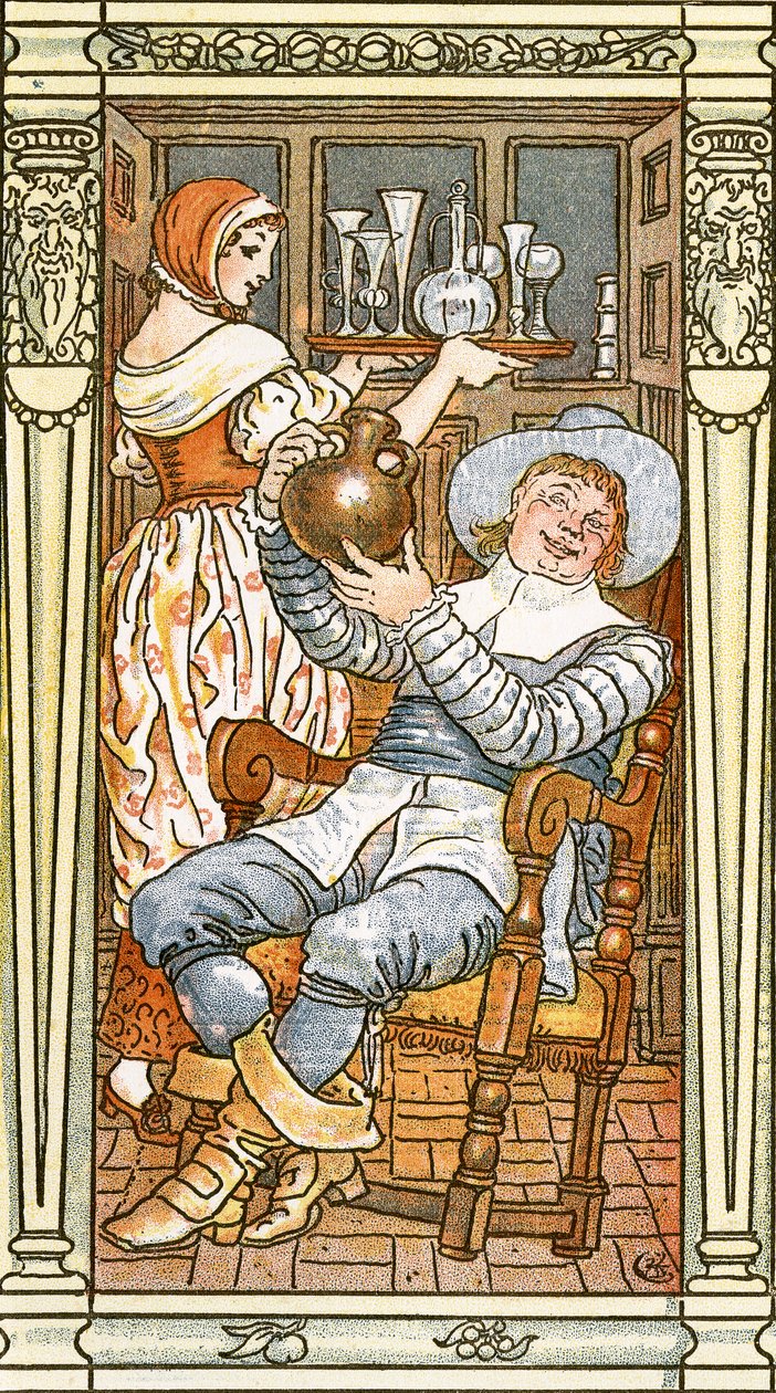 Jolly man som håller en läderflaska högt, från "Leather Bottel", sångillustration från "Pan-Pipes", A Book of Old Songs, Newly Arranged and with Accompaniments by Theo. Marzials, utgiven i Lon av Walter Crane