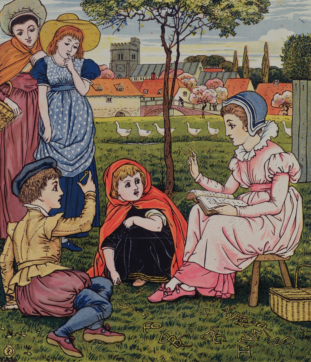 "Mrs Margery lär barnen att läsa": från Little Goody Two Shoes av Walter Crane