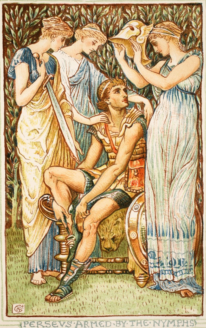 Perseus beväpnad av nymferna, illustration från "A Wonder-Book for Girls and Boys" av Nathanial Hawthorne, 1852 av Walter Crane