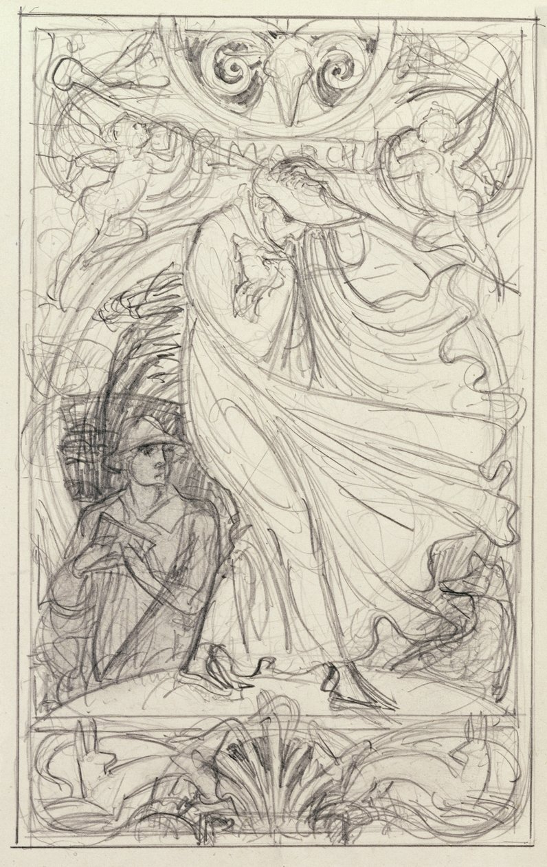 Förberedande ritning för en kalender, ca 1890 (penna & penna och bläck med tvätt på papper) av Walter Crane
