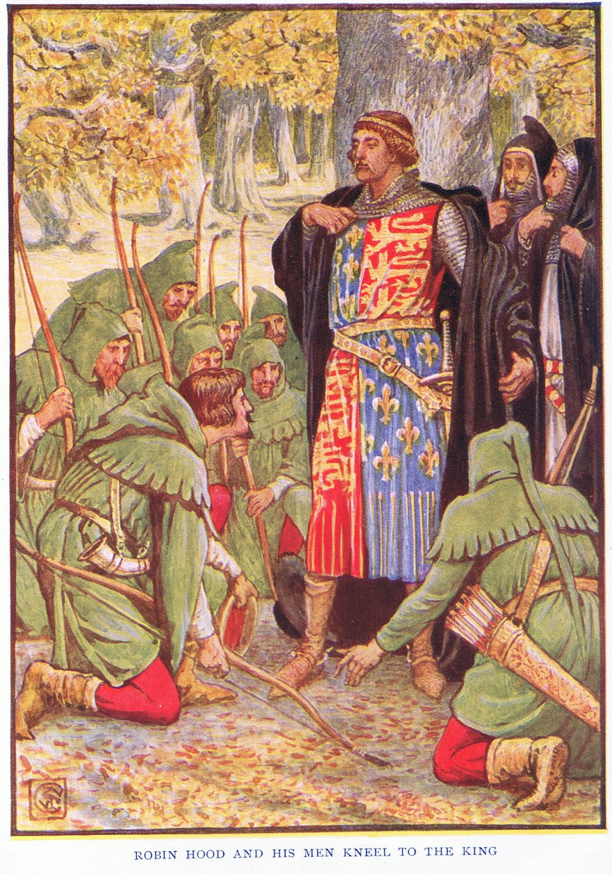 Robin och hans män knäböjer för kungen, ca 1920 av Walter Crane