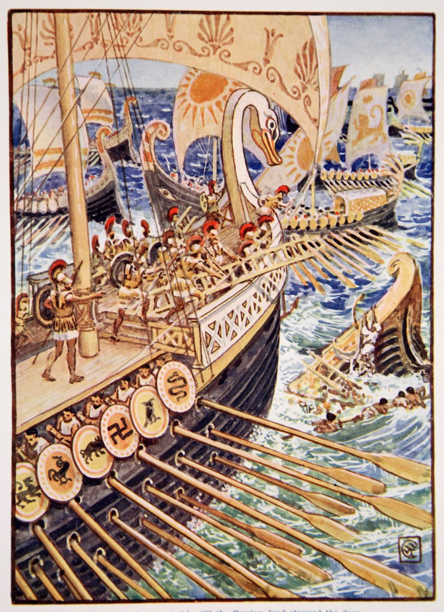 Skepp rusade mot skepp, tills de persiska döda strödde ut de djupa "liknande blommorna", illustration från "The Story of Greece" av Mary Macgregor, 1:a upplagan, 1913 (färgtryck) av Walter Crane